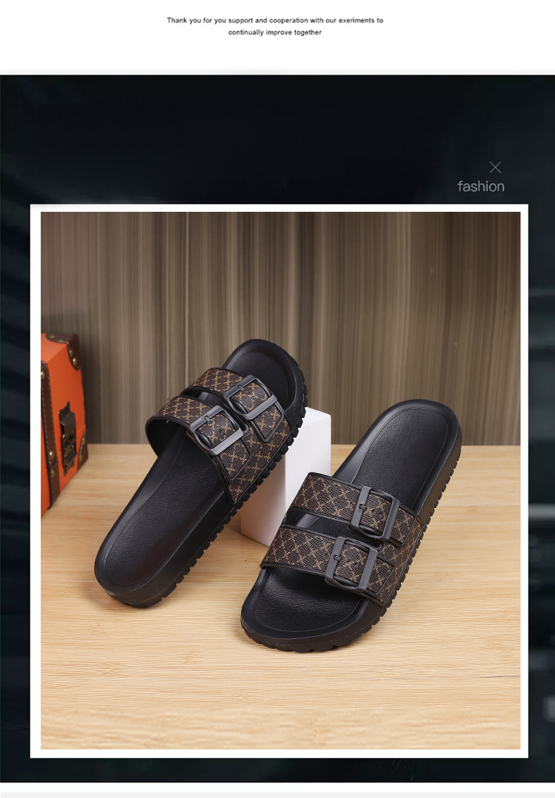 Men's Double Buckle Slide Sandals with Patterned Straps