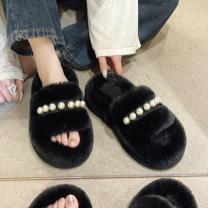 Women's Fluffy Open Toe Slippers with Pearl Strap