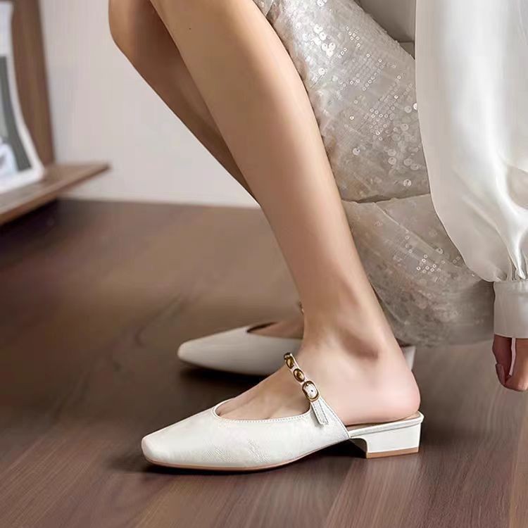 Women's Square Toe Low Heel Mules with Decorative Strap 3