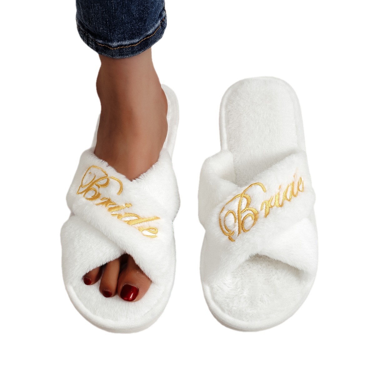 Pantofole da donna in peluche con cinturini incrociati e ricamo "Sposa" 6