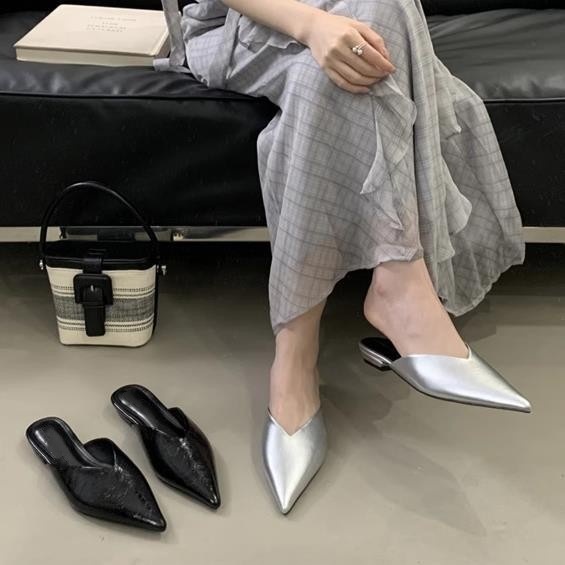 Mules planas de punta para mujer - Elegantes mocasines sin talón