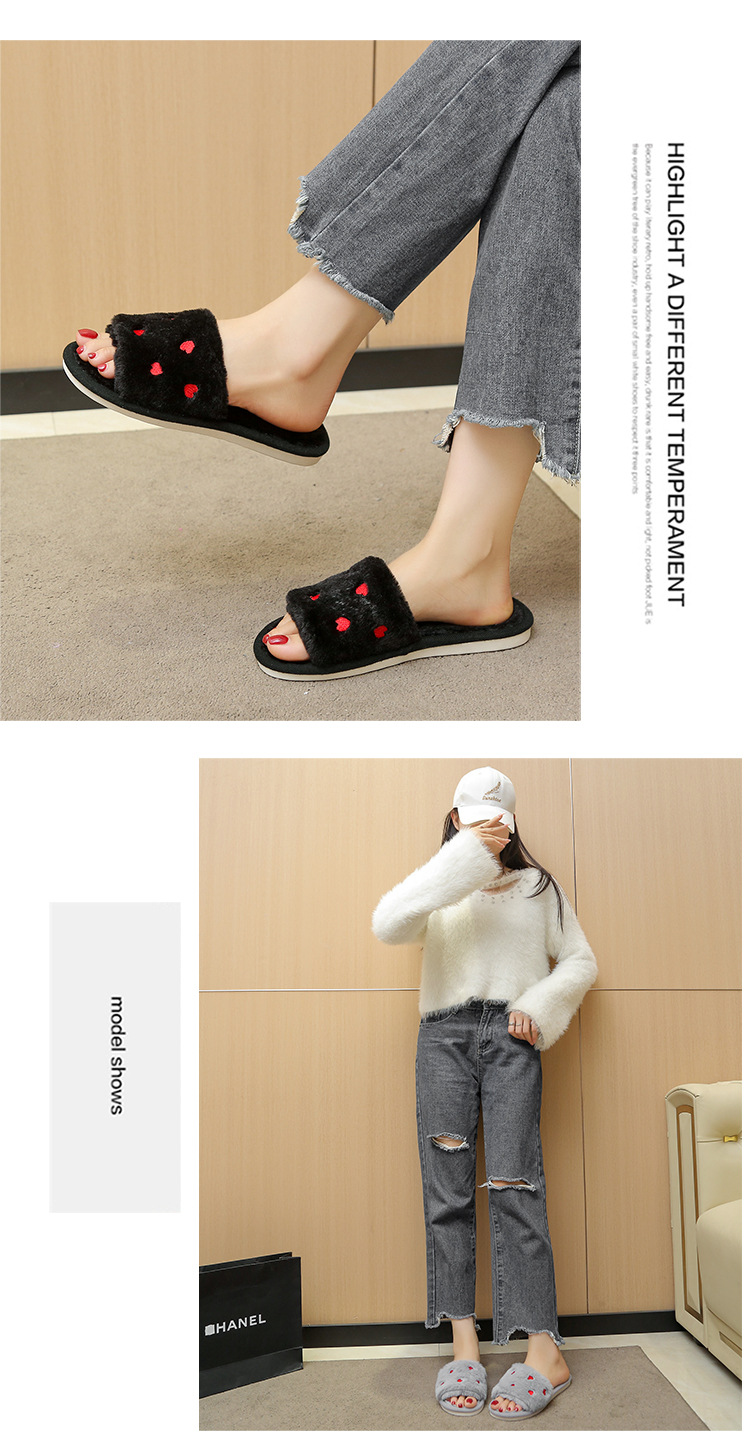 Women's Soft Plush Heart Embroidered Open Toe Slippers