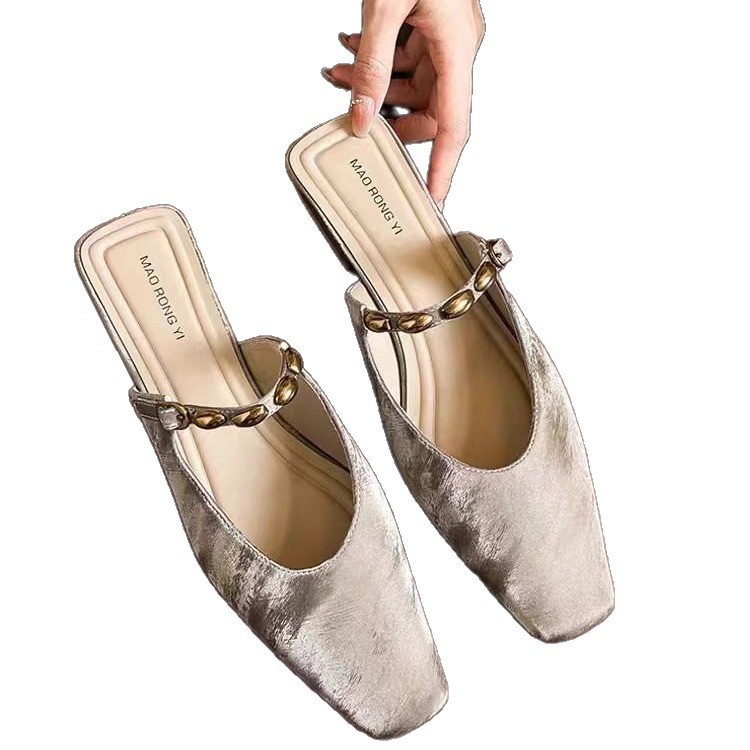 Women's Square Toe Low Heel Mules with Decorative Strap