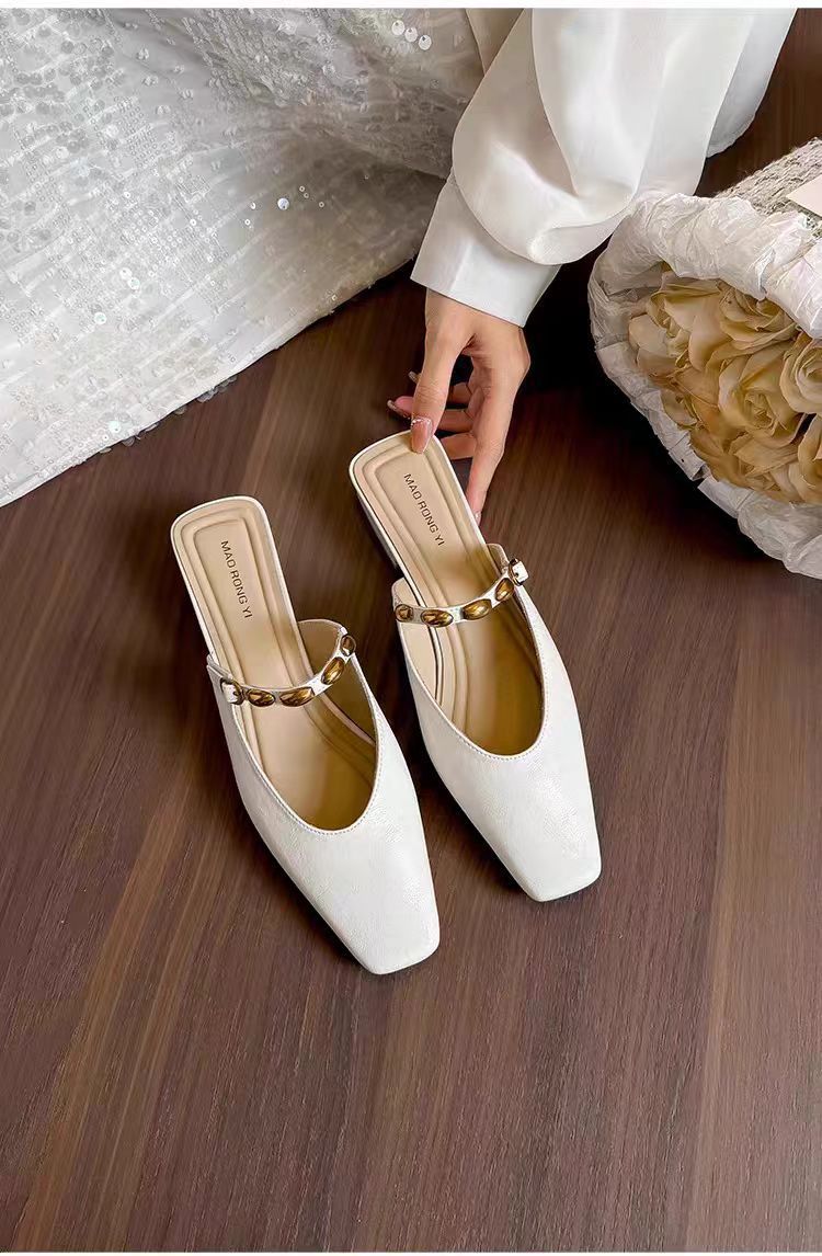 Women's Square Toe Low Heel Mules with Decorative Strap