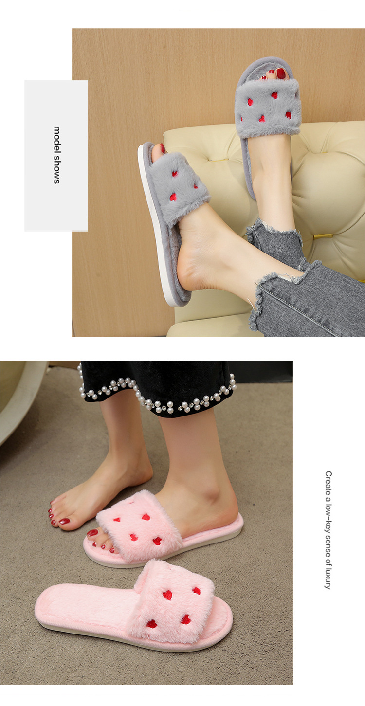 Women's Soft Plush Heart Embroidered Open Toe Slippers