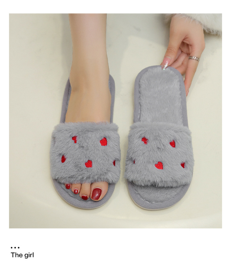 Women's Soft Plush Heart Embroidered Open Toe Slippers