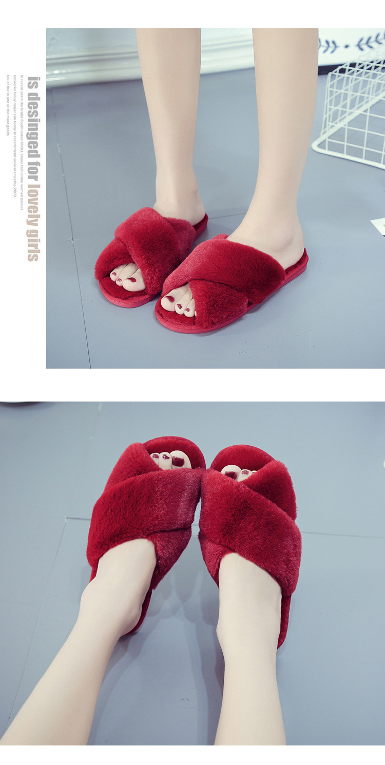Pantofole da donna in pelliccia sintetica con fascia incrociata, punta aperta, scarpe da casa morbide