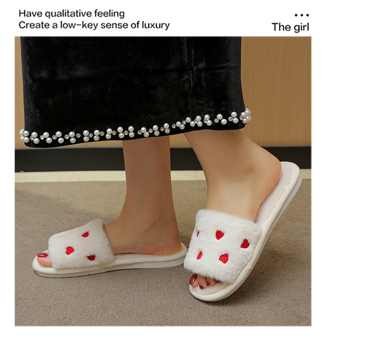 Women's Soft Plush Heart Embroidered Open Toe Slippers