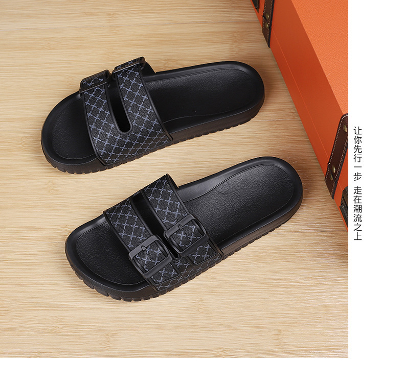 Men's Double Buckle Slide Sandals with Patterned Straps