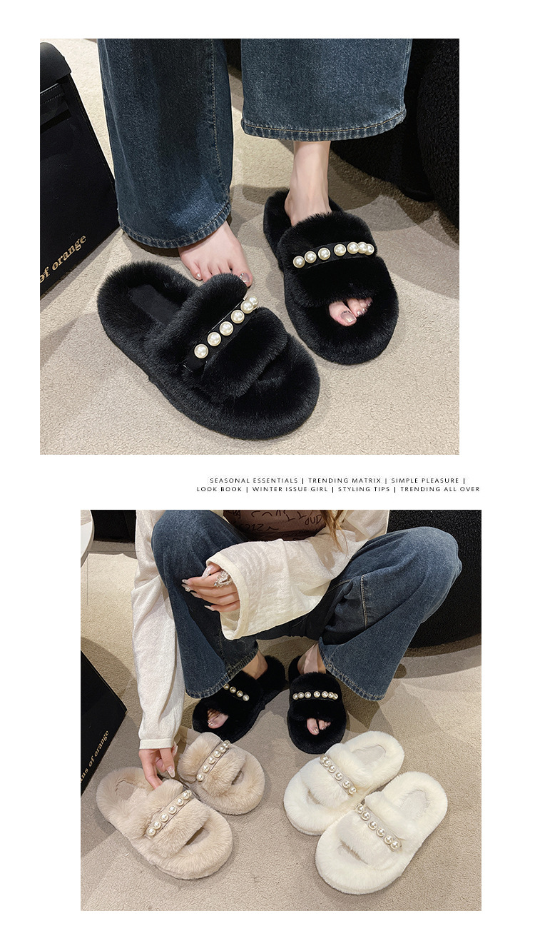 Women's Fluffy Open Toe Slippers with Pearl Strap